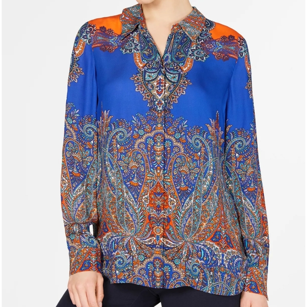 Elie Tahari Scarf Print Paisley Long Sleeve Blouse. NWT. Size S